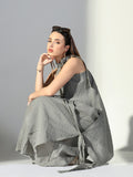 Women's Draped Grey Maxi Dress with Neck Tie