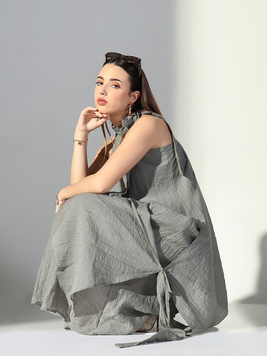 Women's Draped Grey Maxi Dress with Neck Tie