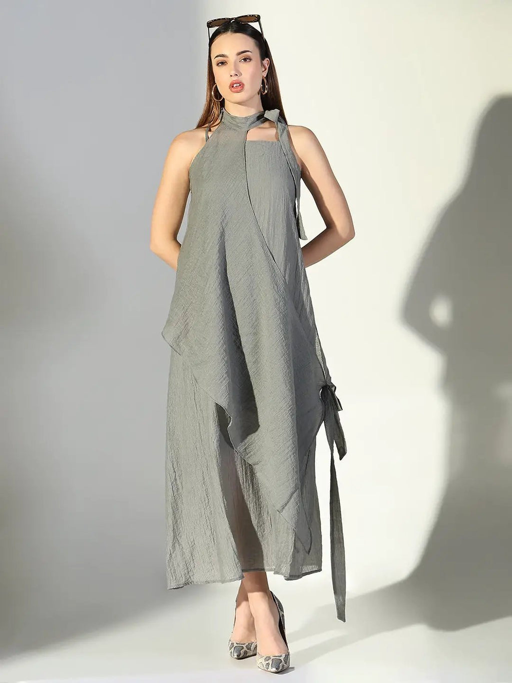 Women's Draped Grey Maxi Dress with Neck Tie