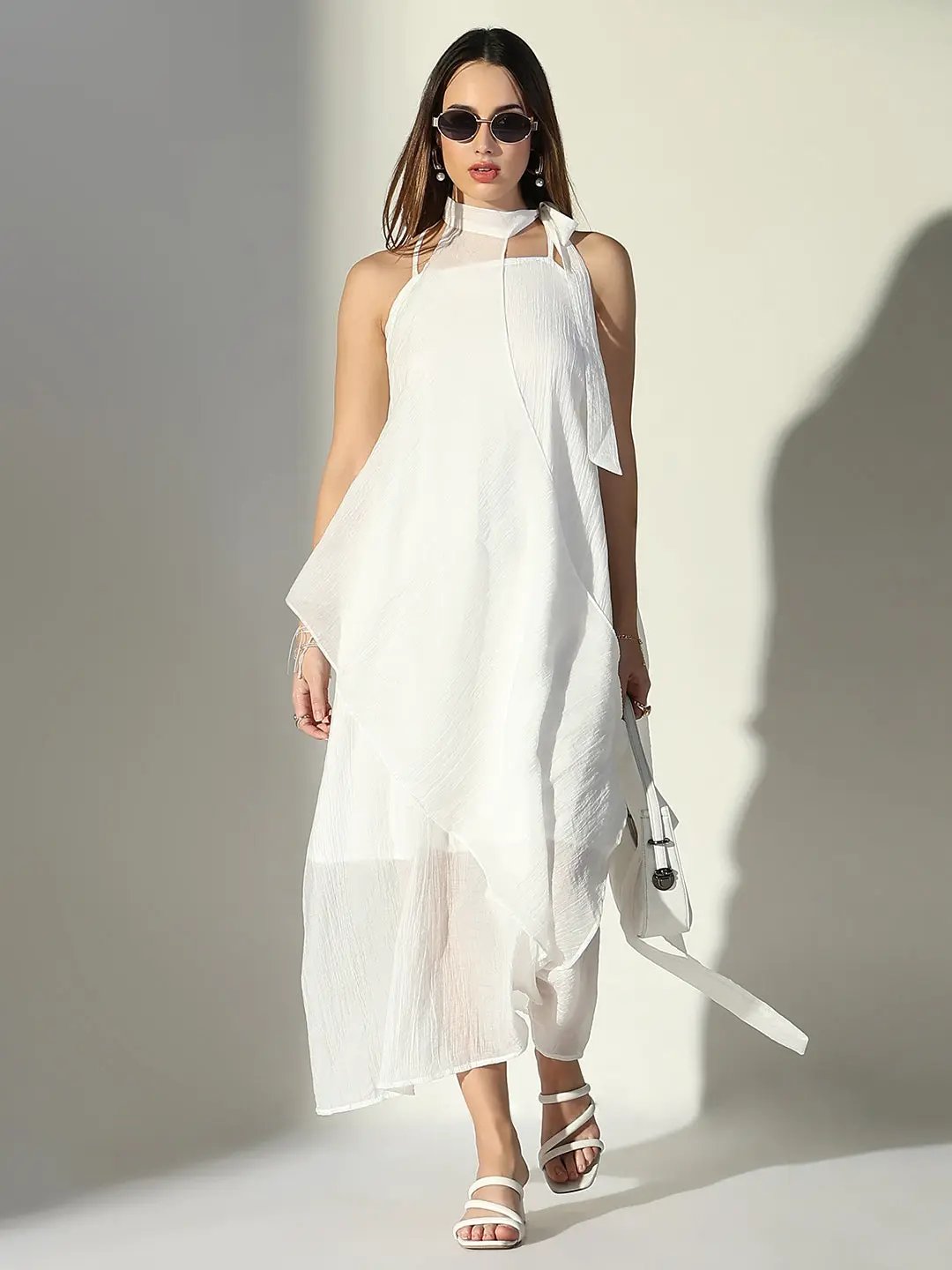 Women's Draped White Maxi Dress with Neck Tie