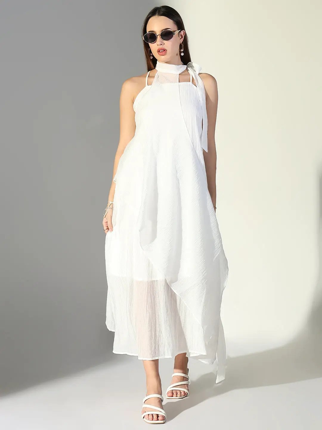Women's Draped White Maxi Dress with Neck Tie