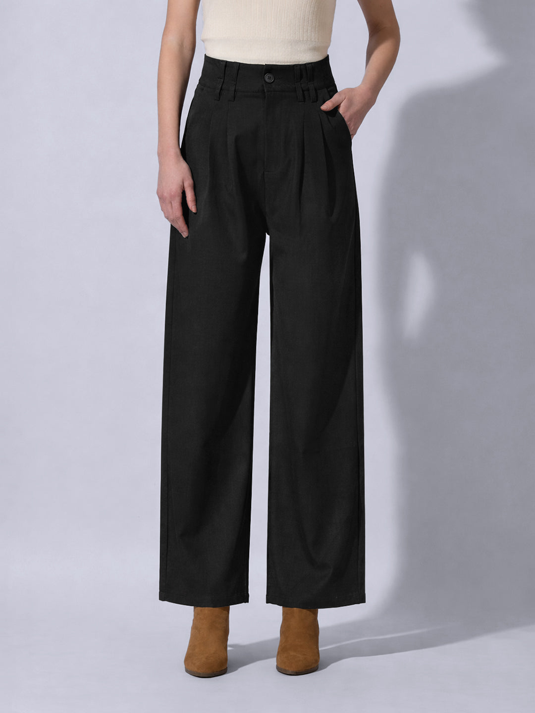 Women's Black Relaxed Fit Wide Leg Trousers