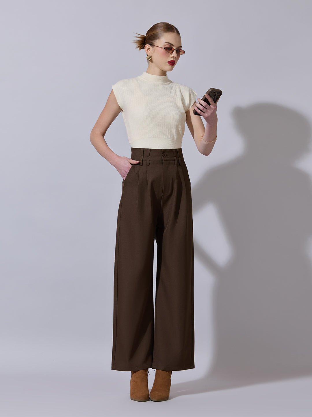 Women's Brown Relaxed Fit Wide Leg Trousers