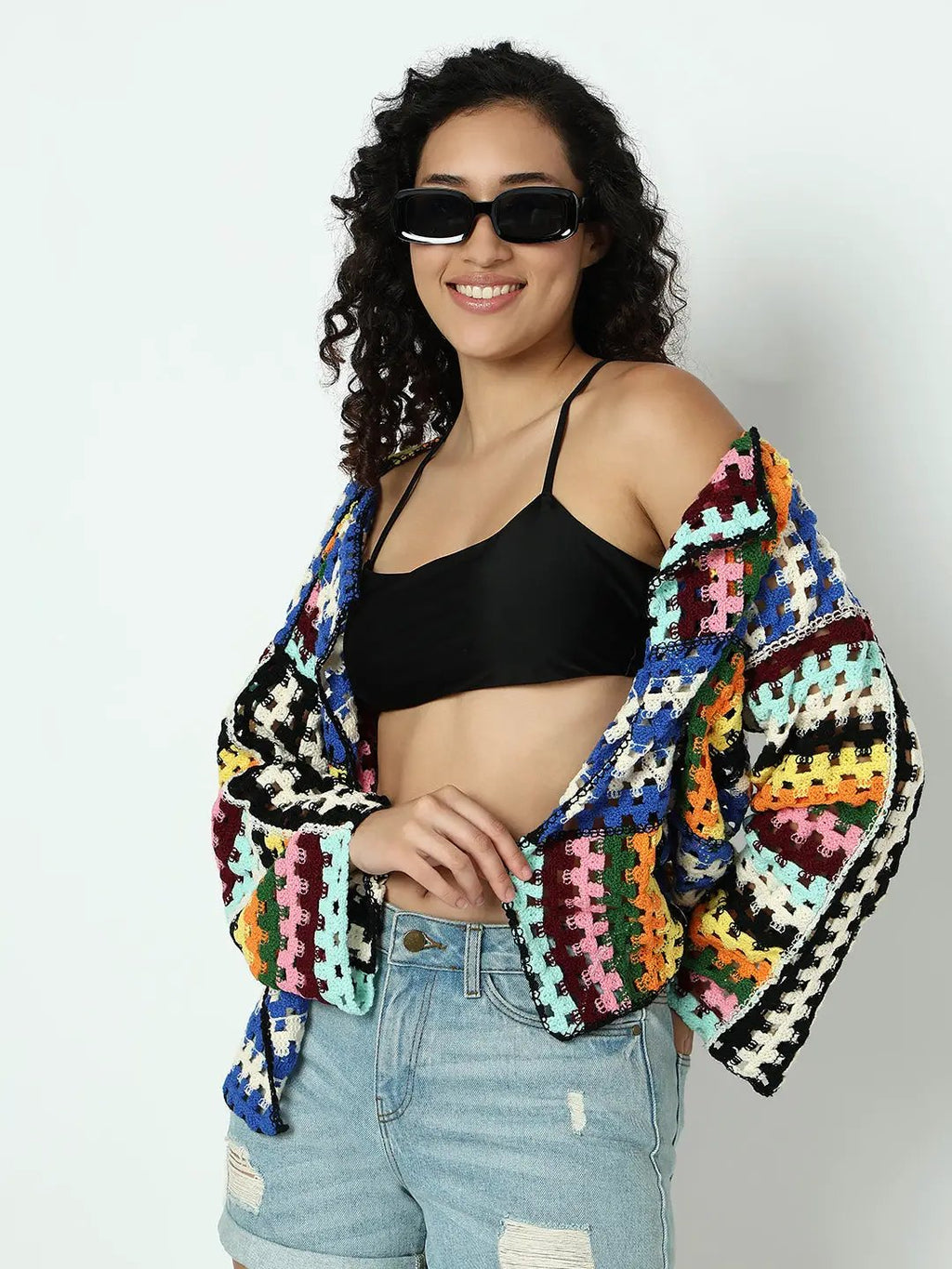 Women's Multicolor Drop Shoulder Crochet Shrug