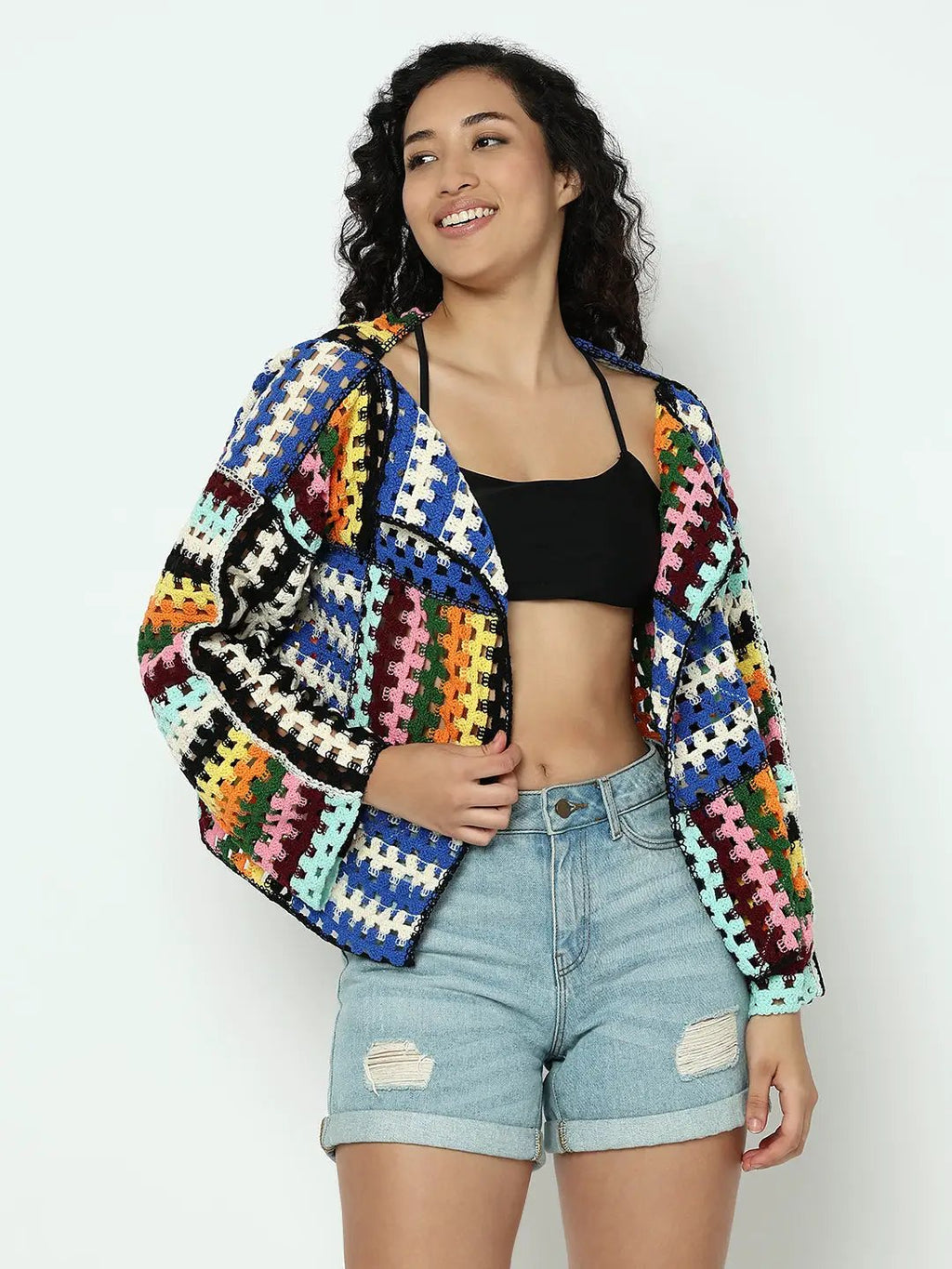 Women's Multicolor Drop Shoulder Crochet Shrug