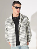 Men's Checked Cream Relaxed Fit Button Down Shirt with Chest Pockets