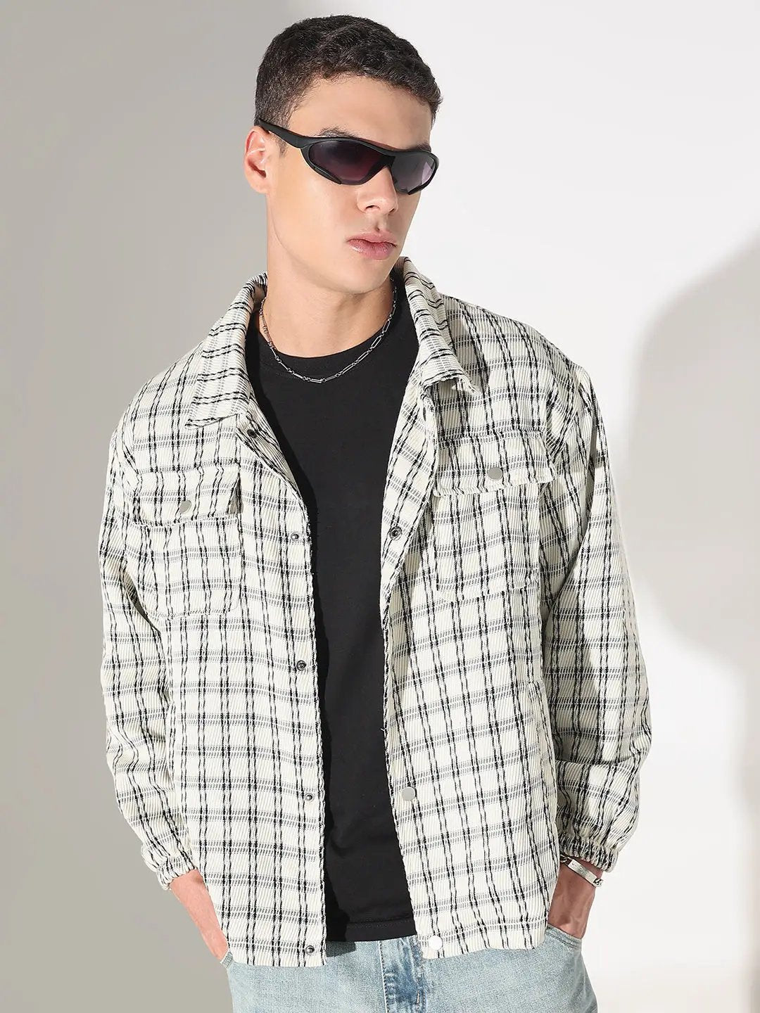 Men's Checked Cream Relaxed Fit Button Down Shirt with Chest Pockets
