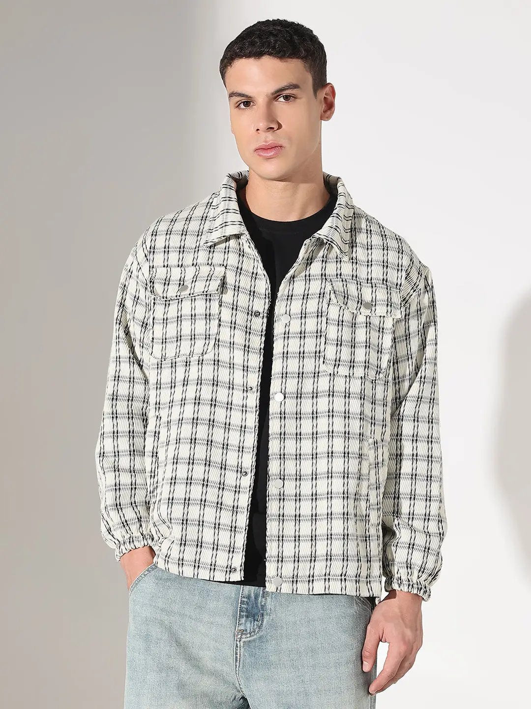 Men's Checked Cream Relaxed Fit Button Down Shirt with Chest Pockets