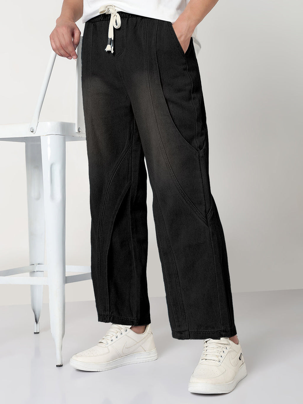 Men's Black Washed Straight Fit Drawstring Jeans