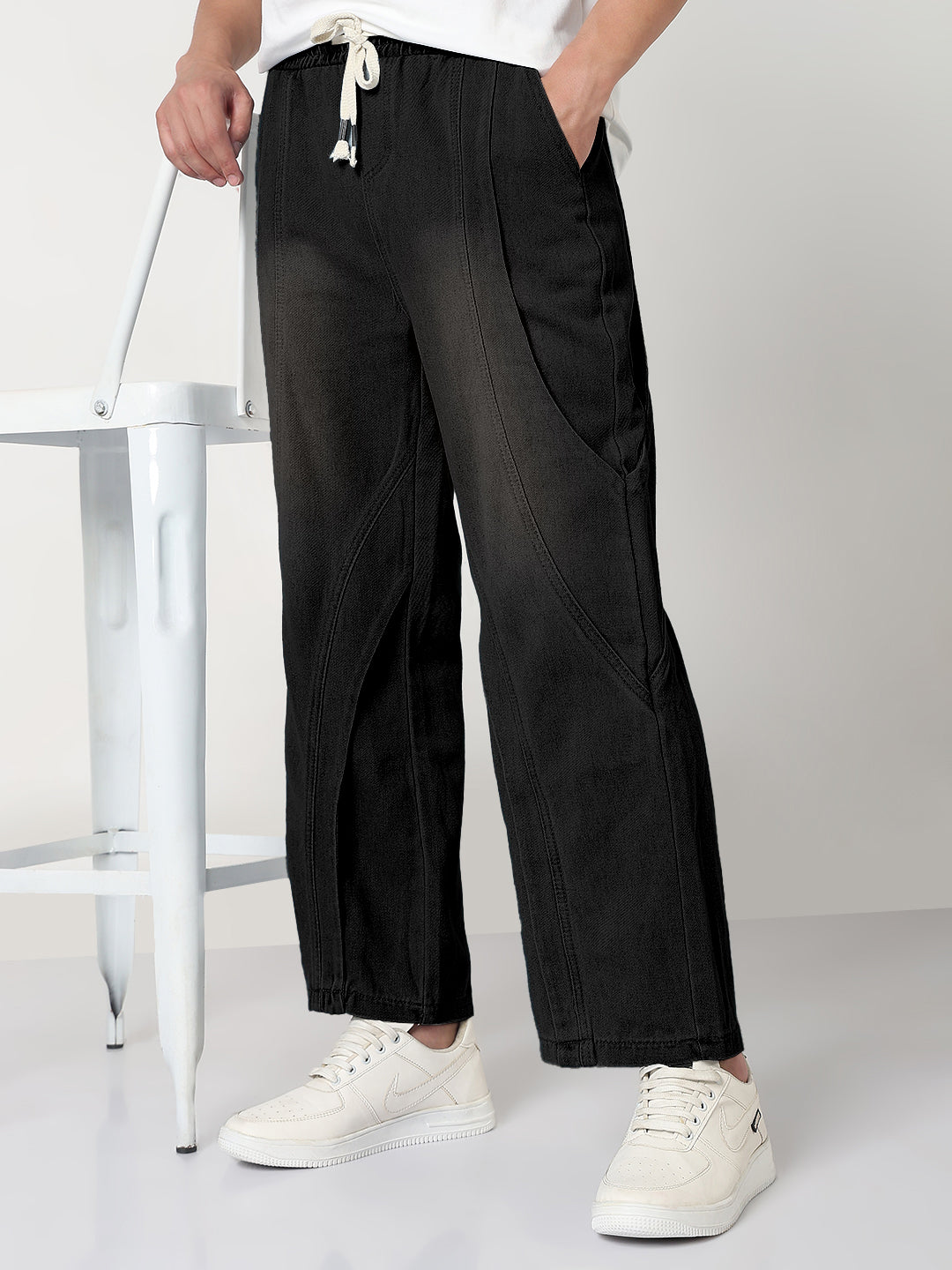Men's Black Washed Straight Fit Drawstring Jeans