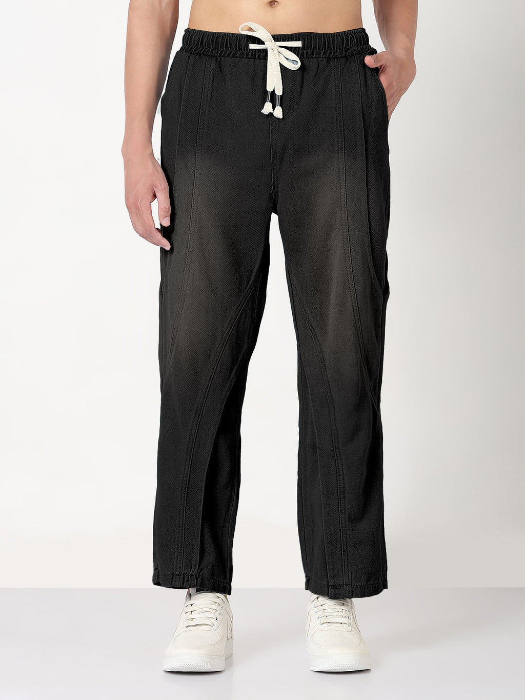 Men's Black Washed Straight Fit Drawstring Jeans