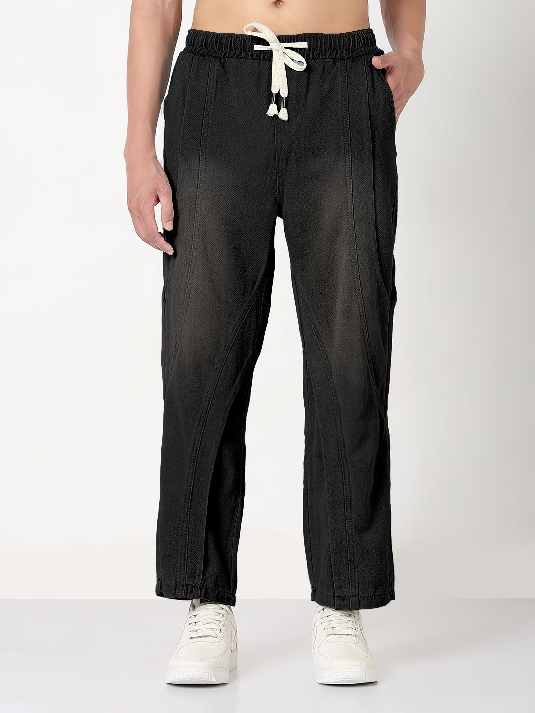 Men's Black Washed Straight Fit Drawstring Jeans