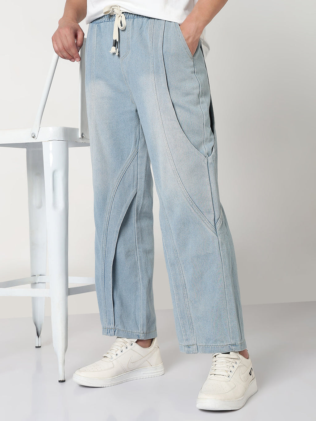 Men's Blue Washed Straight Fit Drawstring Jeans