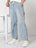 Men's Blue Washed Straight Fit Drawstring Jeans