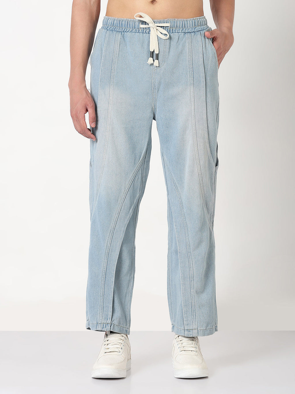 Men's Blue Washed Straight Fit Drawstring Jeans