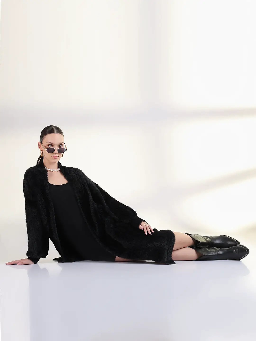 Women's Solid Black Longline Shrug