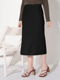 Women's Black Straight Midi Skirt with Back Slit