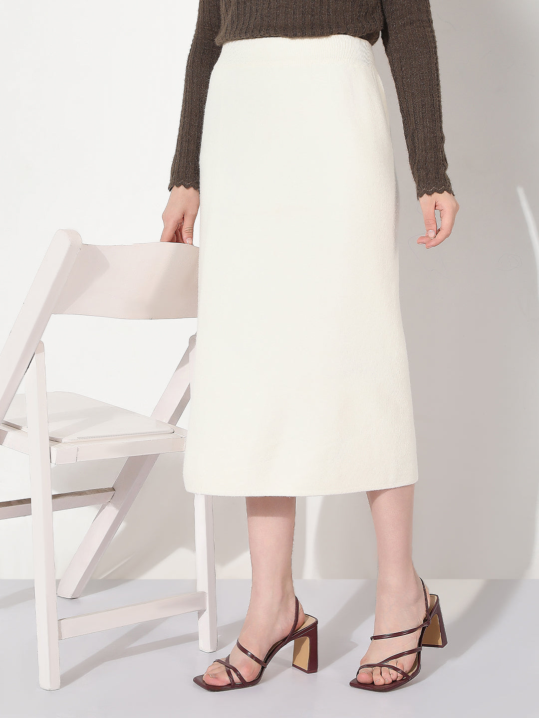 Women's White Straight Midi Skirt with Back Slit