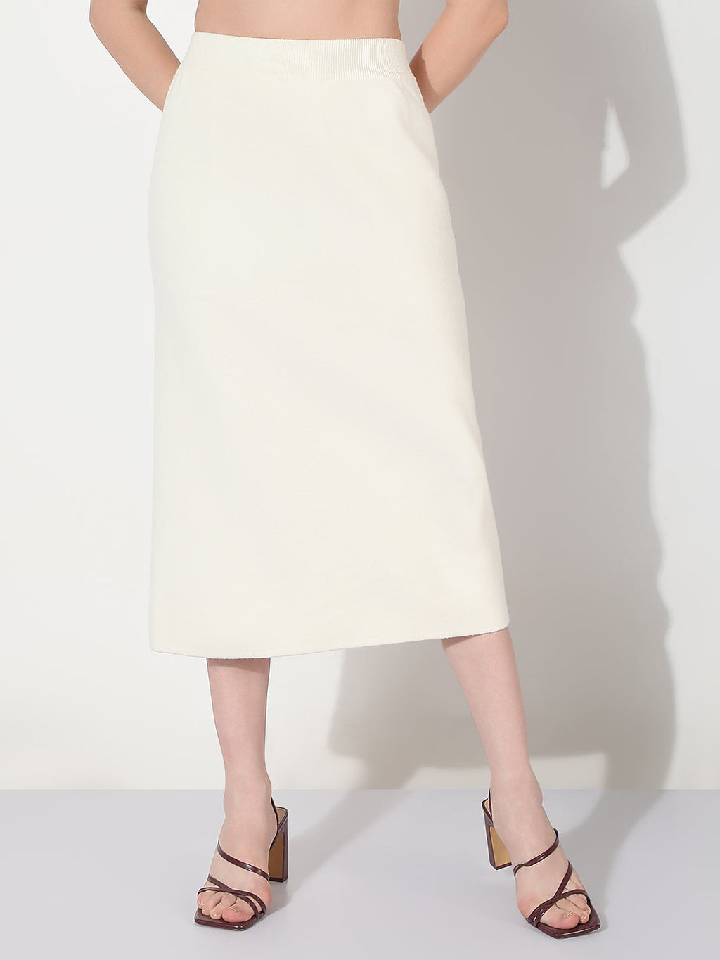 Women's White Straight Midi Skirt with Back Slit