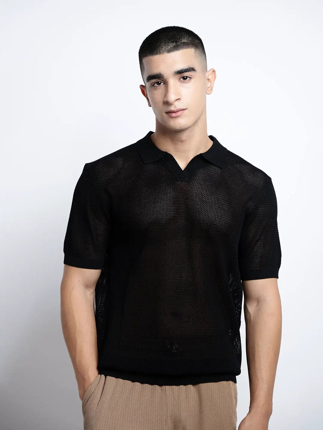 Men's Black Sheer Short Sleeves Polo Collar Regular Fit Mesh T-Shirt