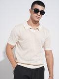 Men's Cream Sheer Short Sleeves Polo Collar Regular Fit Mesh T-Shirt