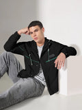 Men's Solid Black Hooded Biker Jacket with Contrast Details
