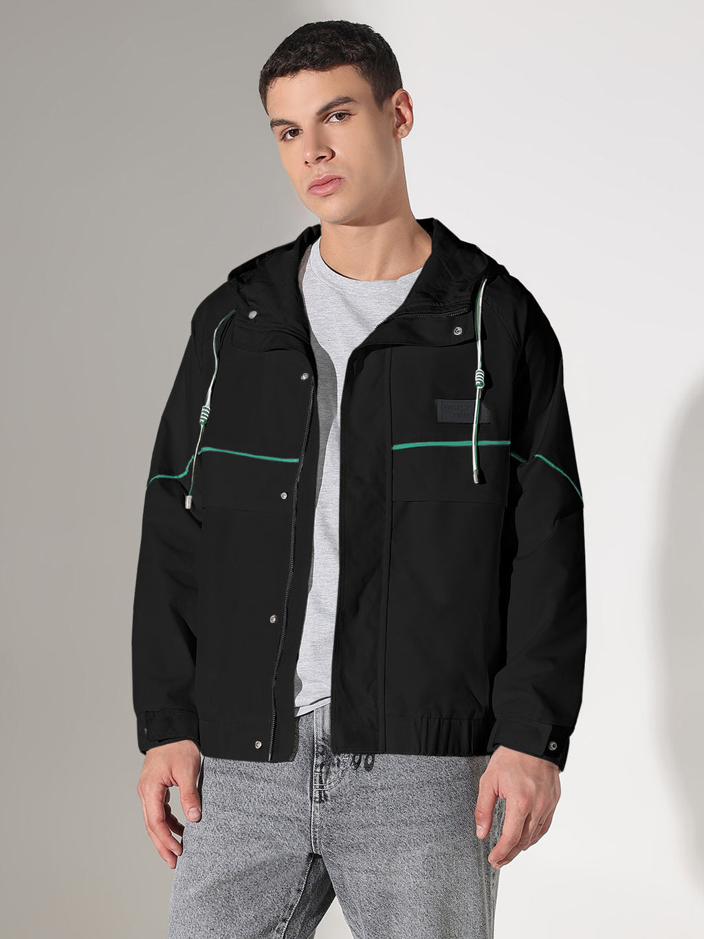 Men's Solid Black Hooded Biker Jacket with Contrast Details