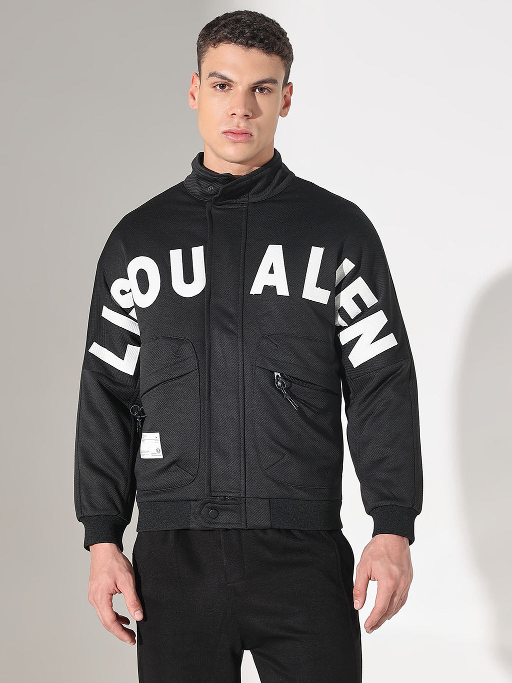 Men's Typography Black Tailored Jacket with Utility Pockets