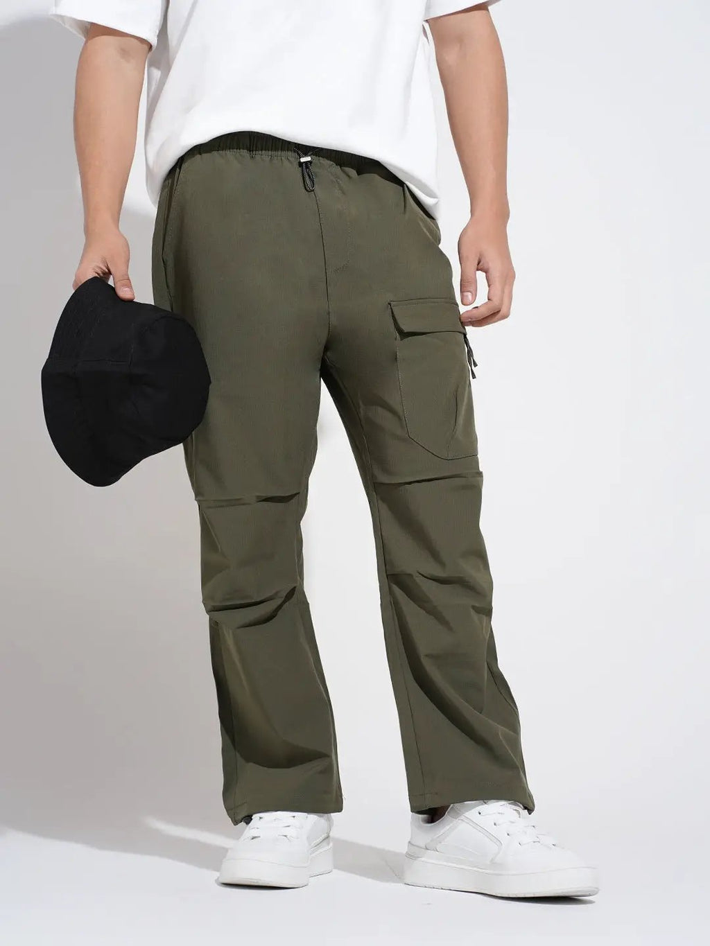 Men's Olive Relaxed Fit Cargo Trousers with Flap Pocket
