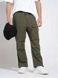 Men's Olive Relaxed Fit Cargo Trousers with Flap Pocket