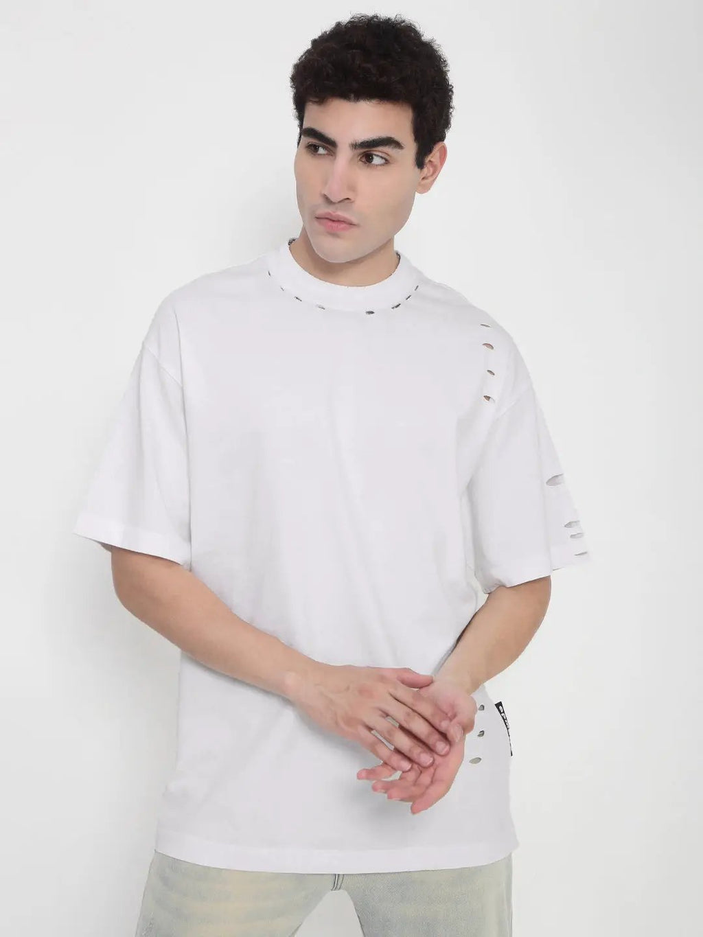 Men's White Distressed Oversized T-Shirt
