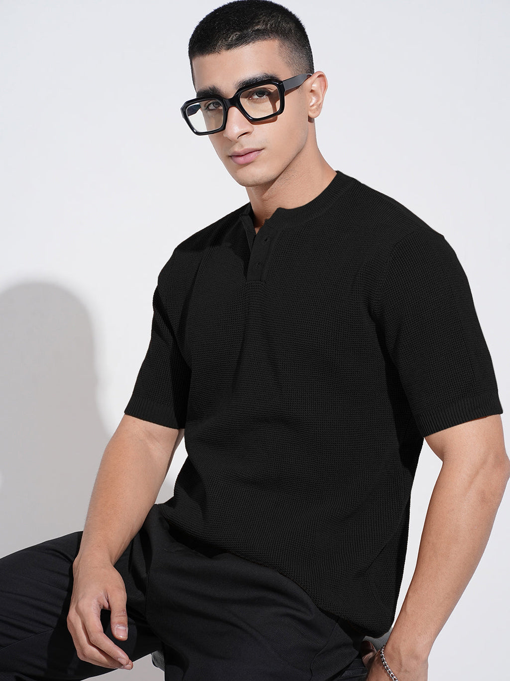 Men's Textured Black Knitted Short Sleeve Henley T-Shirt