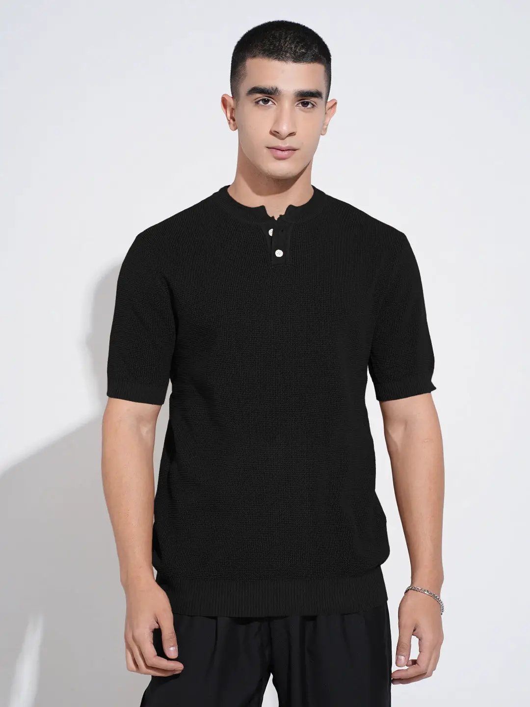 Men's Textured Black Knitted Short Sleeve Henley T-Shirt