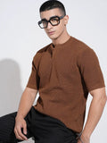 Men's Textured Brown Knitted Short Sleeve Henley T-Shirt