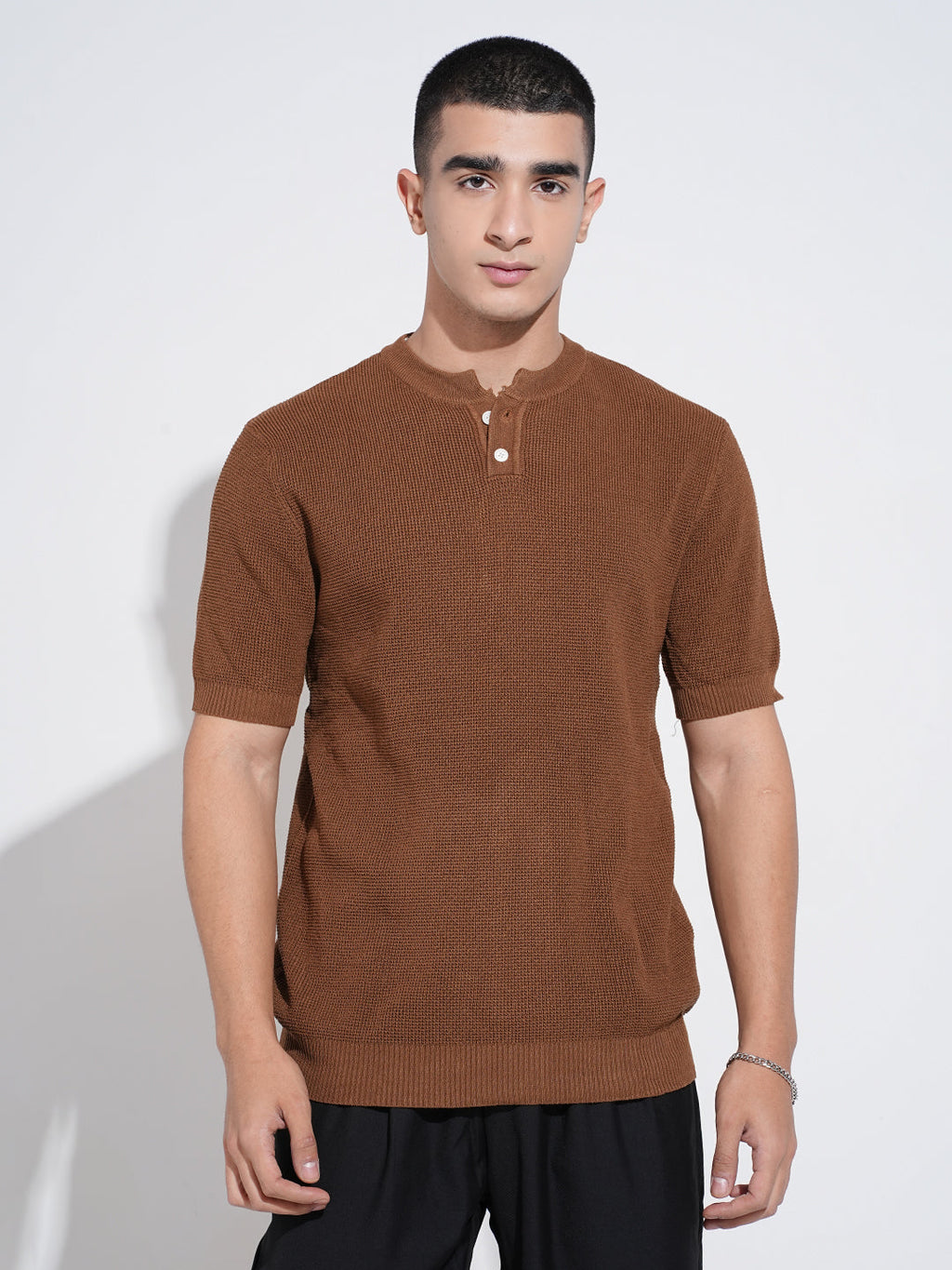 Men's Textured Brown Knitted Short Sleeve Henley T-Shirt