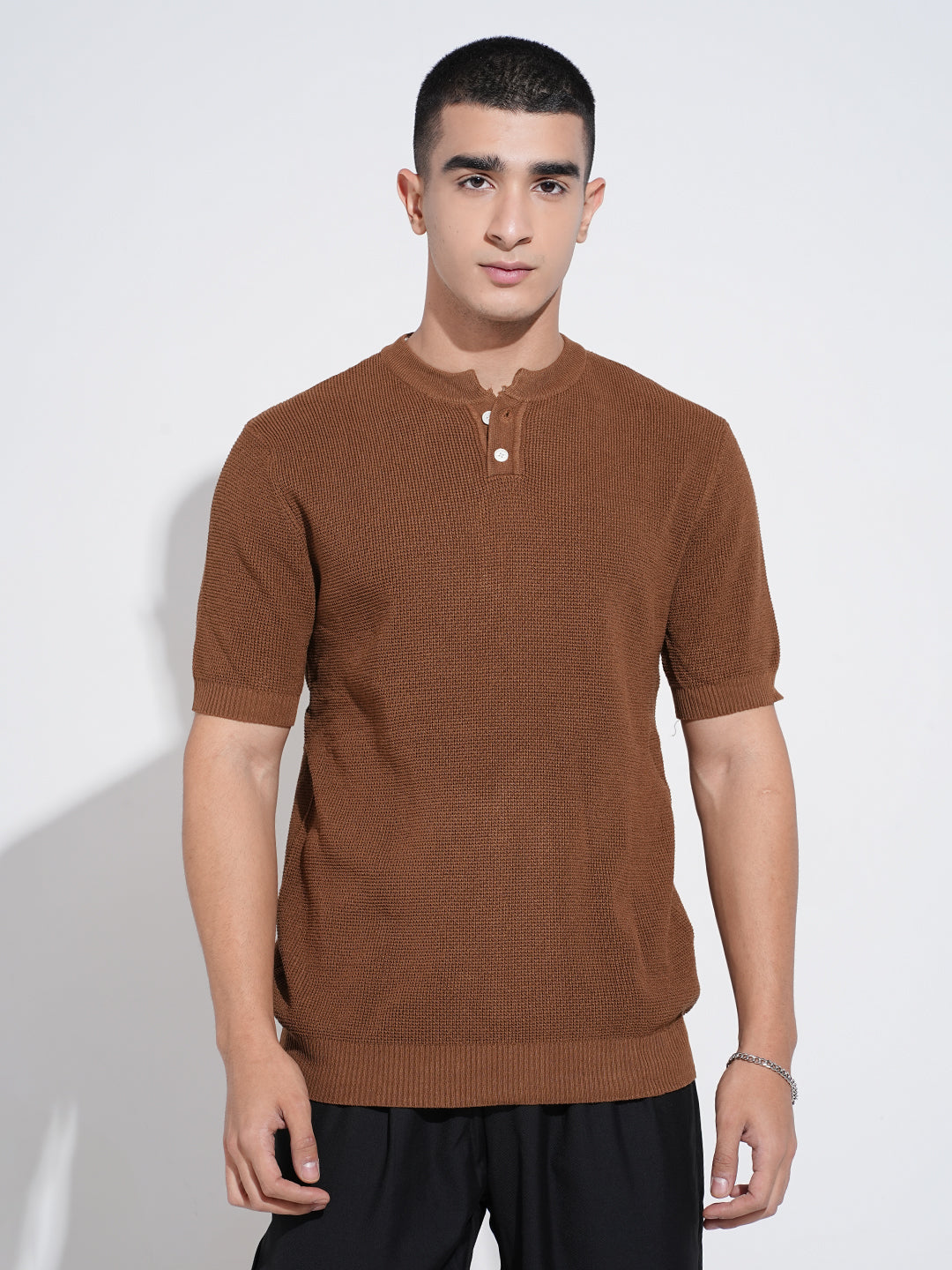 Men's Textured Brown Knitted Short Sleeve Henley T-Shirt