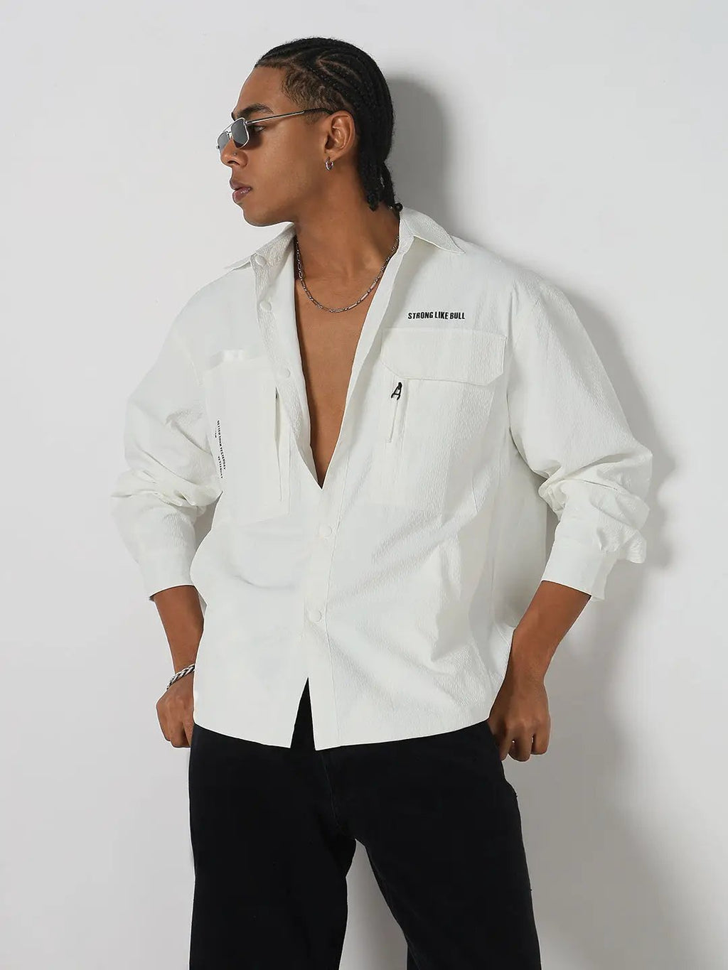 Men's White Solid Oversized Full Sleeve Shirt with Chest Pockets
