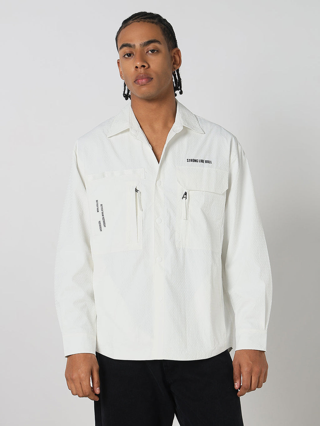 Men's White Solid Oversized Full Sleeve Shirt with Chest Pockets