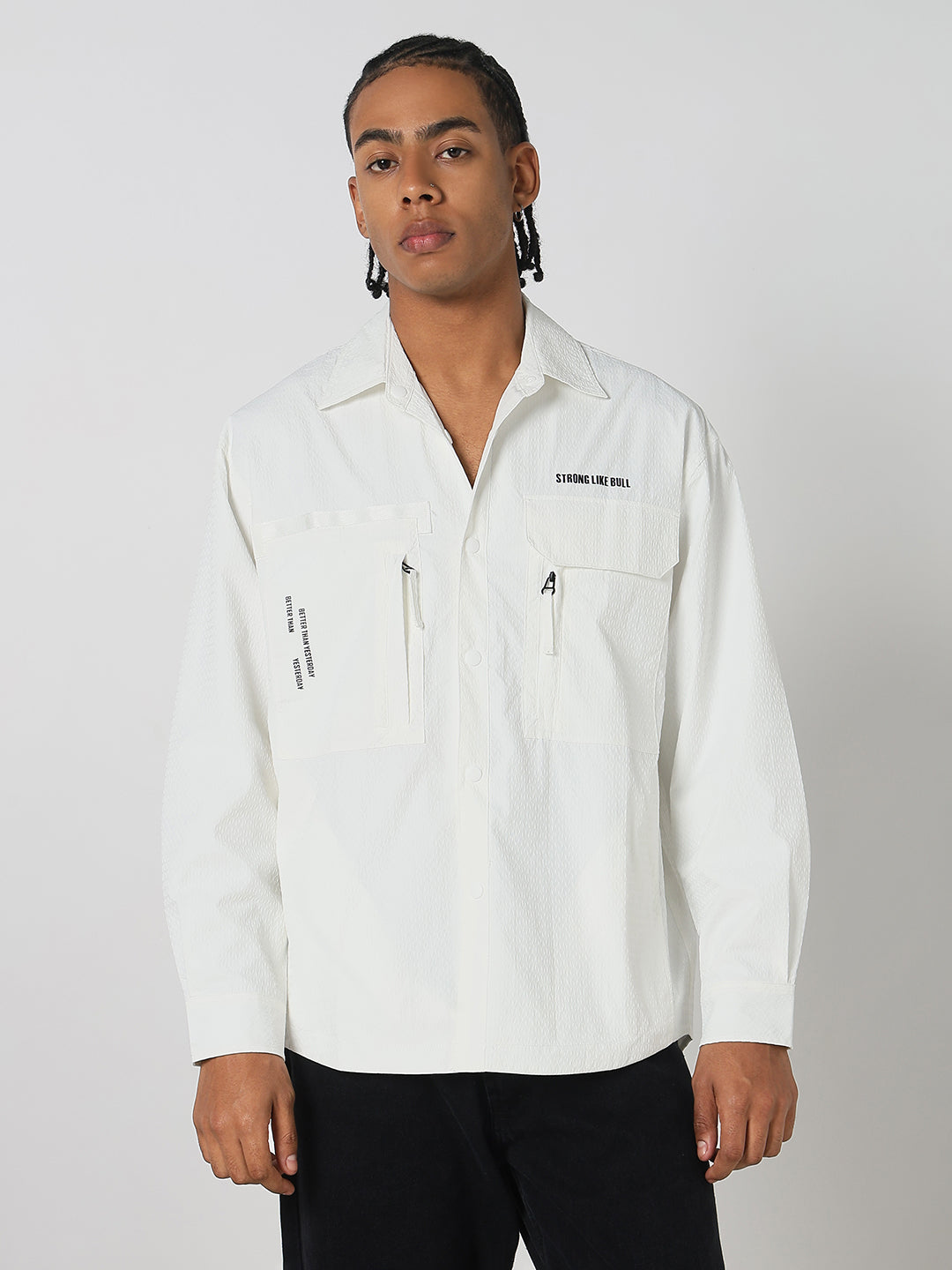 Men's White Solid Oversized Full Sleeve Shirt with Chest Pockets