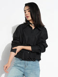 Women's Oversized Black Solid Shirt with Applique