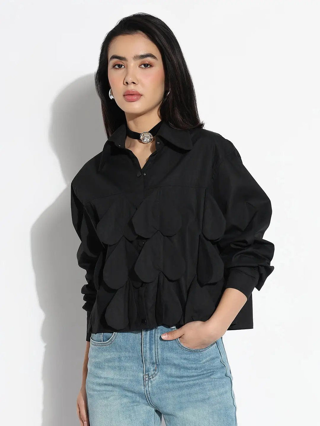 Women's Oversized Black Solid Shirt with Applique