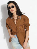 Women's Oversized Brown Solid Shirt with Pockets