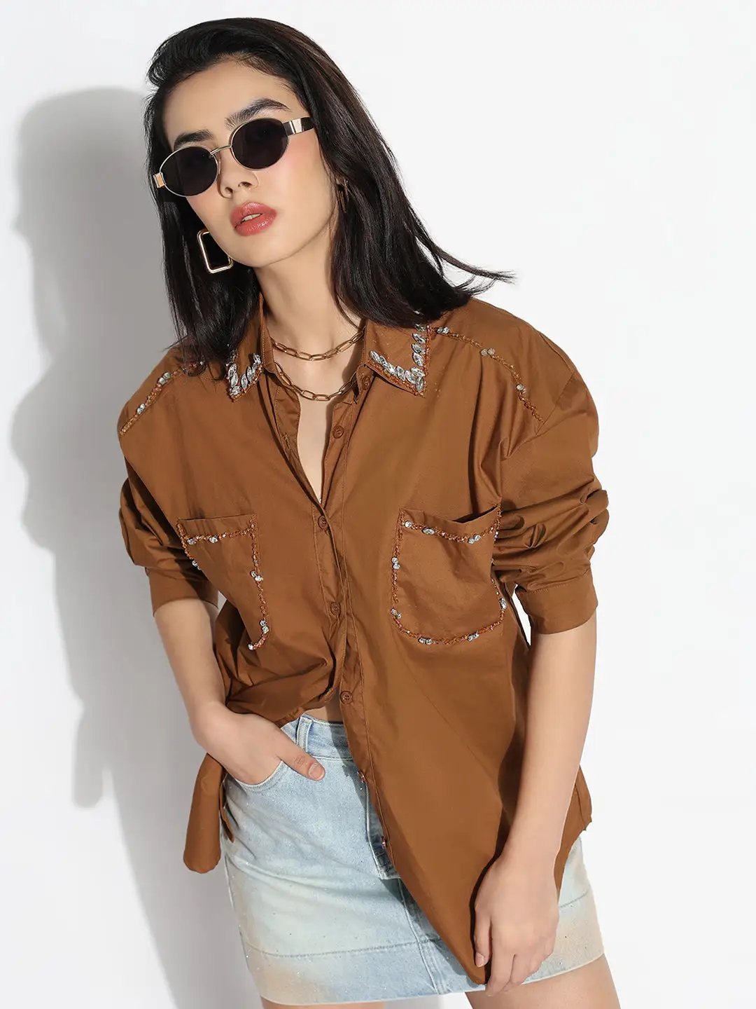 Women's Oversized Brown Solid Shirt with Pockets