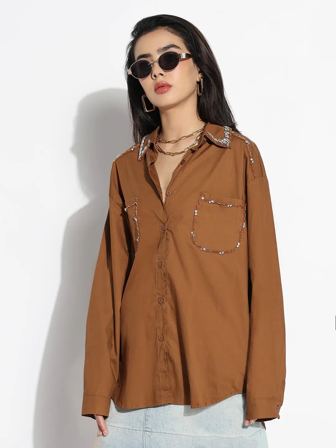Women's Oversized Brown Solid Shirt with Pockets