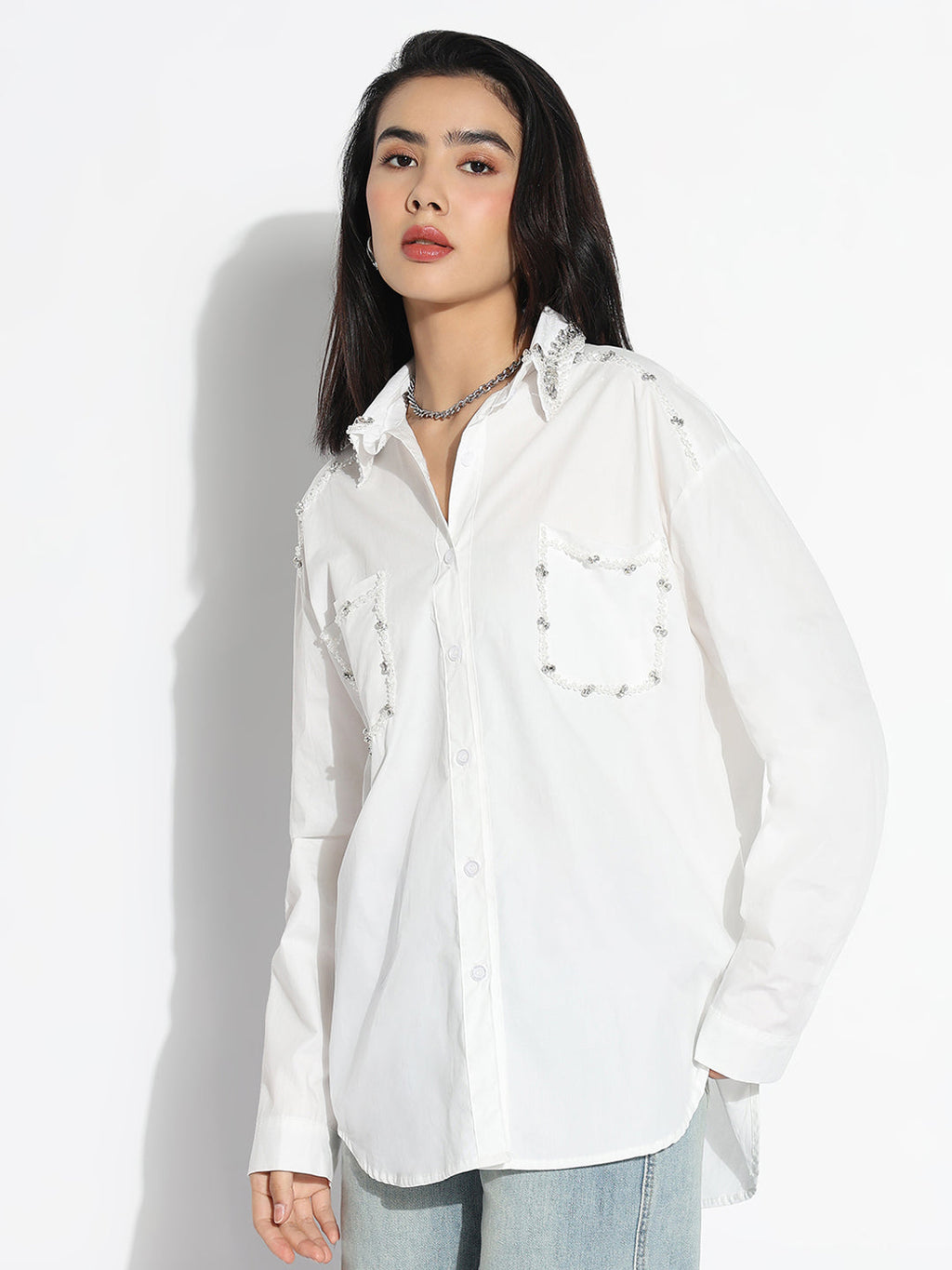 Women's Oversized White Solid Shirt with Chest Pocket