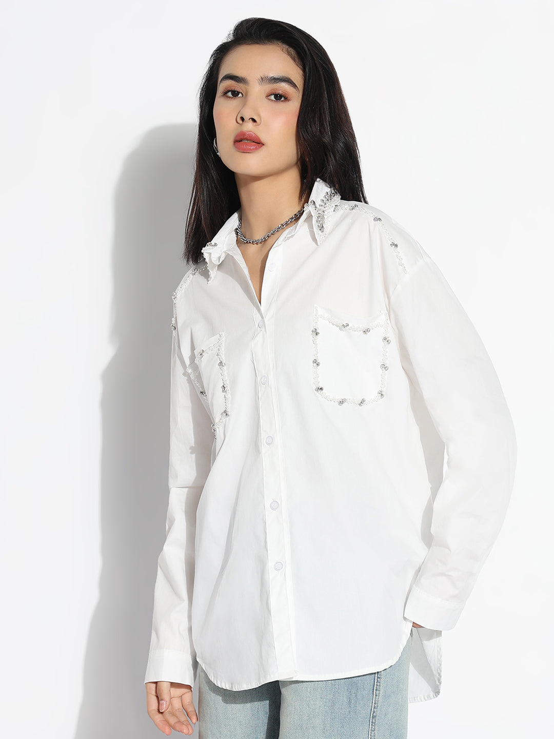 Women's Oversized White Solid Shirt with Chest Pocket