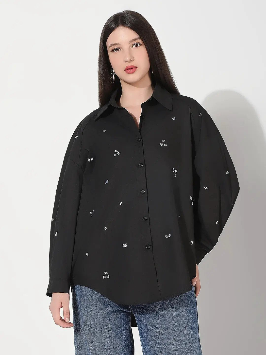 Women's Embellished Black Oversized Shirt