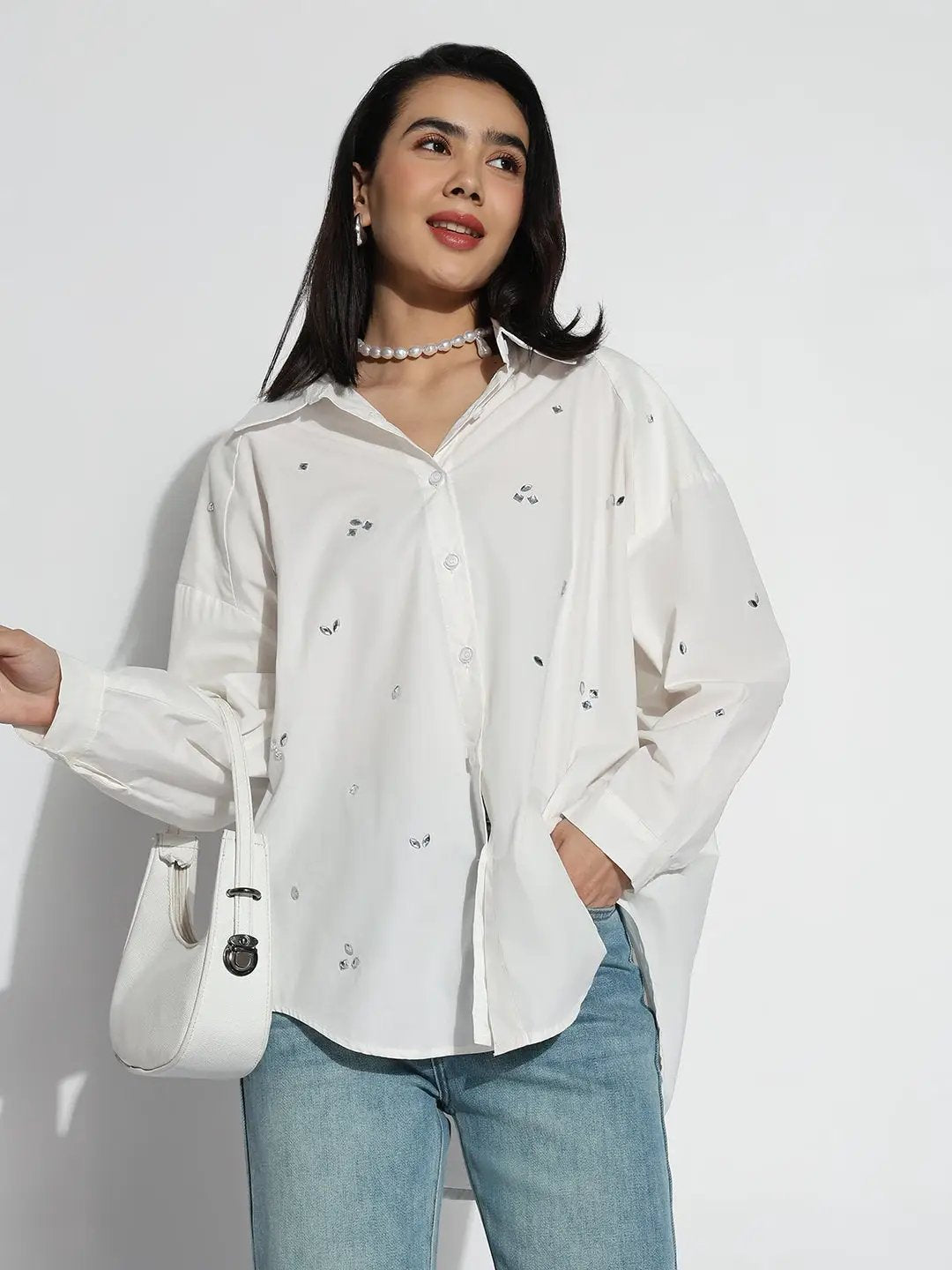 Women's Oversized White Solid Shirt with Motifs