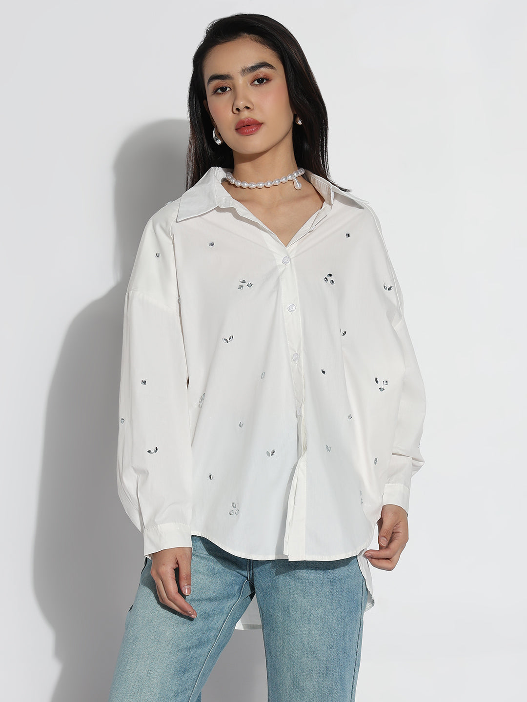 Women's Oversized White Solid Shirt with Motifs