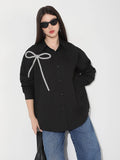 Women's Black Oversized Button Down Shirt with Bow Embellishment